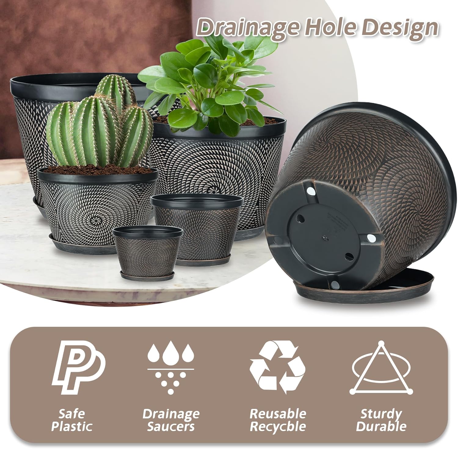 Quarut 4 Pack 8 Inch Flower Pots for Outdoor Indoor, Plastic Plant Pots with Drainage Hole & Saucer, Lightweight Small Flower Pot, Circle Pattern Planters for Garden House planters（Black Copper）-VerdiqueGarden