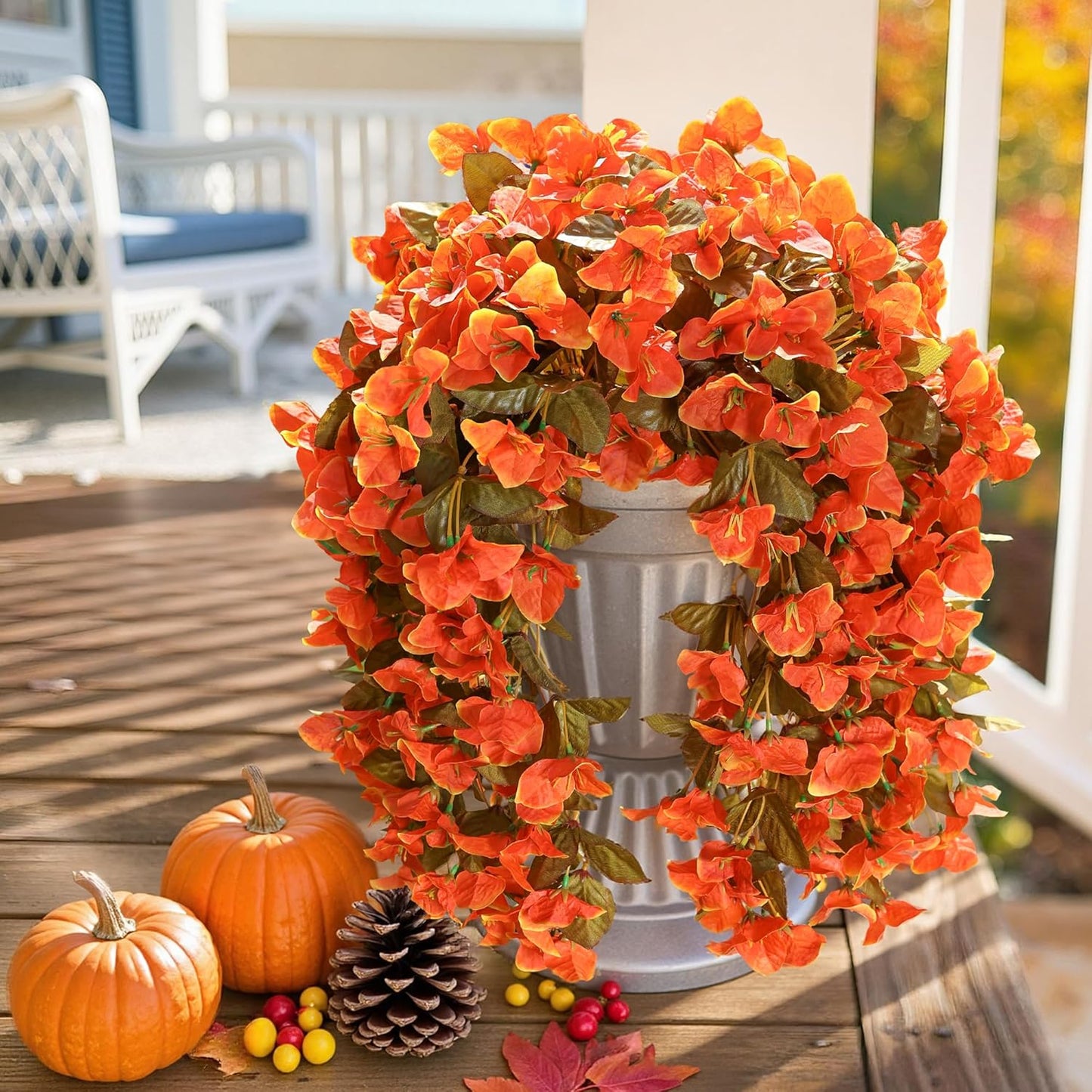 Bougainvillea Artificial Fall Hanging Flowers Plants for Outdoors Autumn Decoration, 2pcs Faux Bougainvillea Vines Orange Fake Flowers Realistic UV Resistant Silk Flowers for Outside Planter Yard Home-VerdiqueGarden