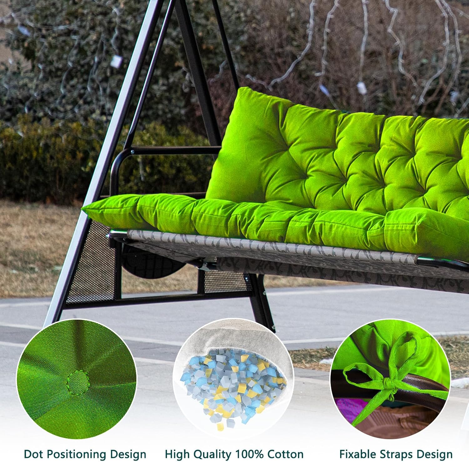 Porch Swing Cushions,Outdoor Cushions 3 Seater Replacement with Backrest, Waterproof Thickened Bench Cushion with Ties for Porch, Patio,Outdoor, Backyard and Garden (Grass Green 60 * 40 in)-VerdiqueGarden