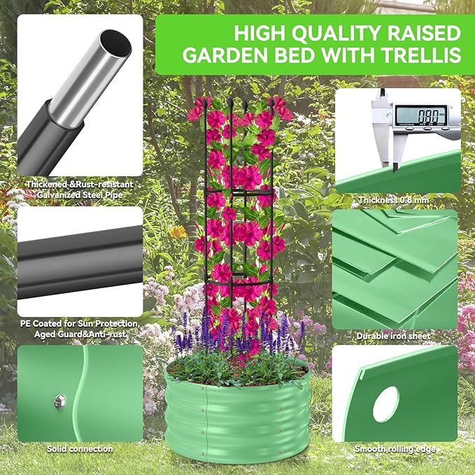 1 Pack Raised Garden Beds Outdoor, Galvanized Metal Raised Garden Bed with Trellis, 23.6x23.6x60in Tomato Cages for Garden Planters Box with Trellis for Climbing Plants Vegetable Vine Flowers-VerdiqueGarden