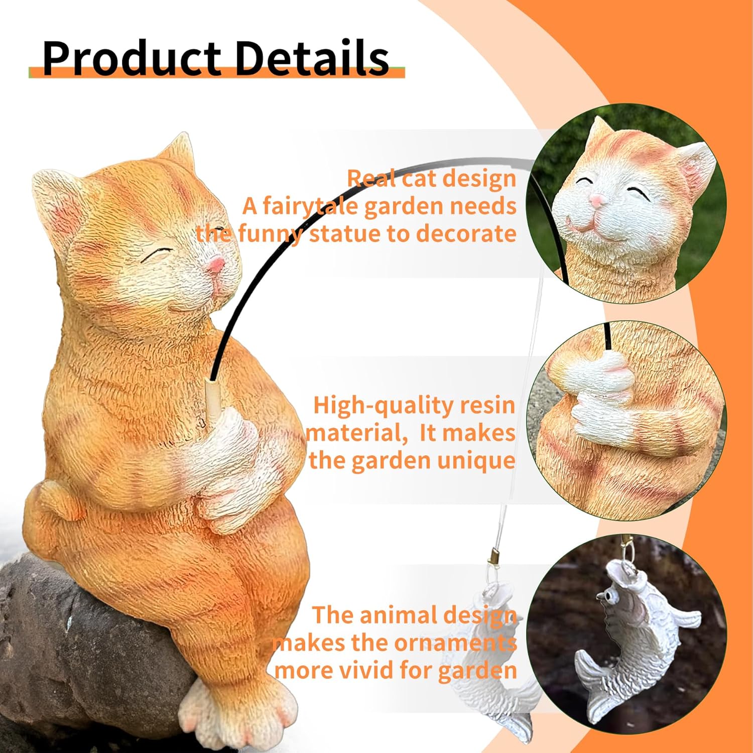 Garden Funny Orange Cat Pond Statue - 11" Cat Fishing Poolside Decor, Animals Outdoor Statue-VerdiqueGarden