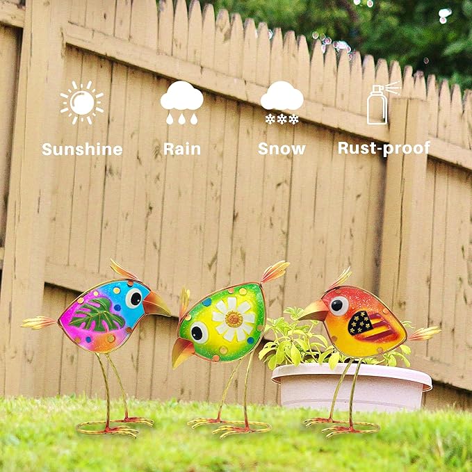 Birds Garden Decor for Outside: Metal & Glass Bird Yard Art, Craft Statue Lawn Ornaments for Outdoor, Housewarming Birthday Gifts for Women (3 PCS)-VerdiqueGarden