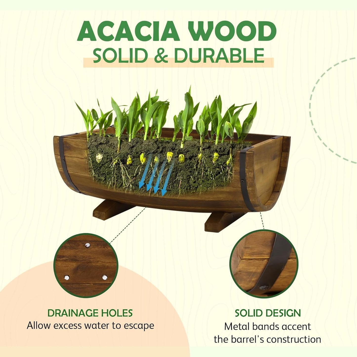 IDZO Solid Acacia Wood Half Barrel Planters Outdoor Set of 2 Different Sizes, Wooden Planters for Outdoor Plants with Metal Bands & Drainage Holes, Legs Included, Brown-VerdiqueGarden