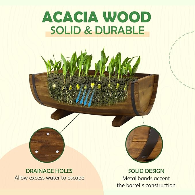 IDZO Solid Acacia Wood Half Barrel Planters Outdoor Set of 2 Different Sizes, Wooden Planters for Outdoor Plants with Metal Bands & Drainage Holes, Legs Included, Brown-VerdiqueGarden