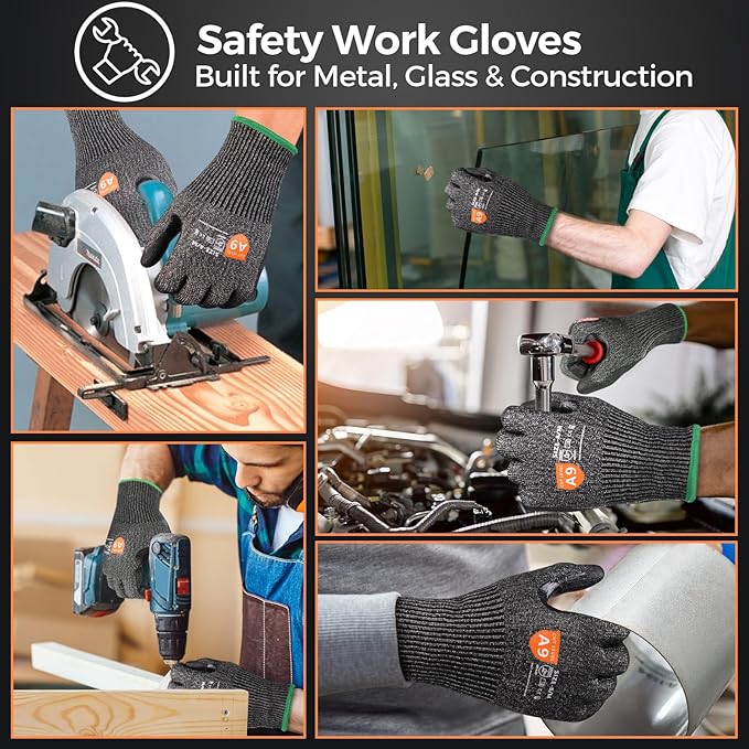 Donfri 3 Pairs A9 Cut Resistant Work Gloves for Men - Steel + HPPE Hybrid Safety Gloves for Men, ANSI Cut Level 9 Protection Flexible for Metal Glass Wood Construction Fishing-VerdiqueGarden