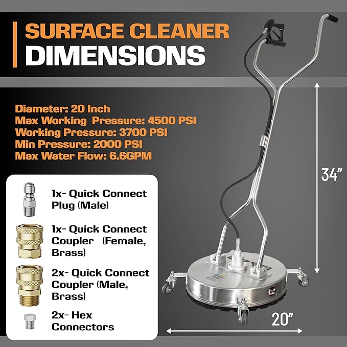 EDOU Direct 20 Inch Pressure Washer Surface Cleaner - Dual Handle Concrete Cleaner, Wheels - Driveway Pressure Washer Attachment, 4,500 PSI Max - Includes Quick Connector Kit - Silver-VerdiqueGarden