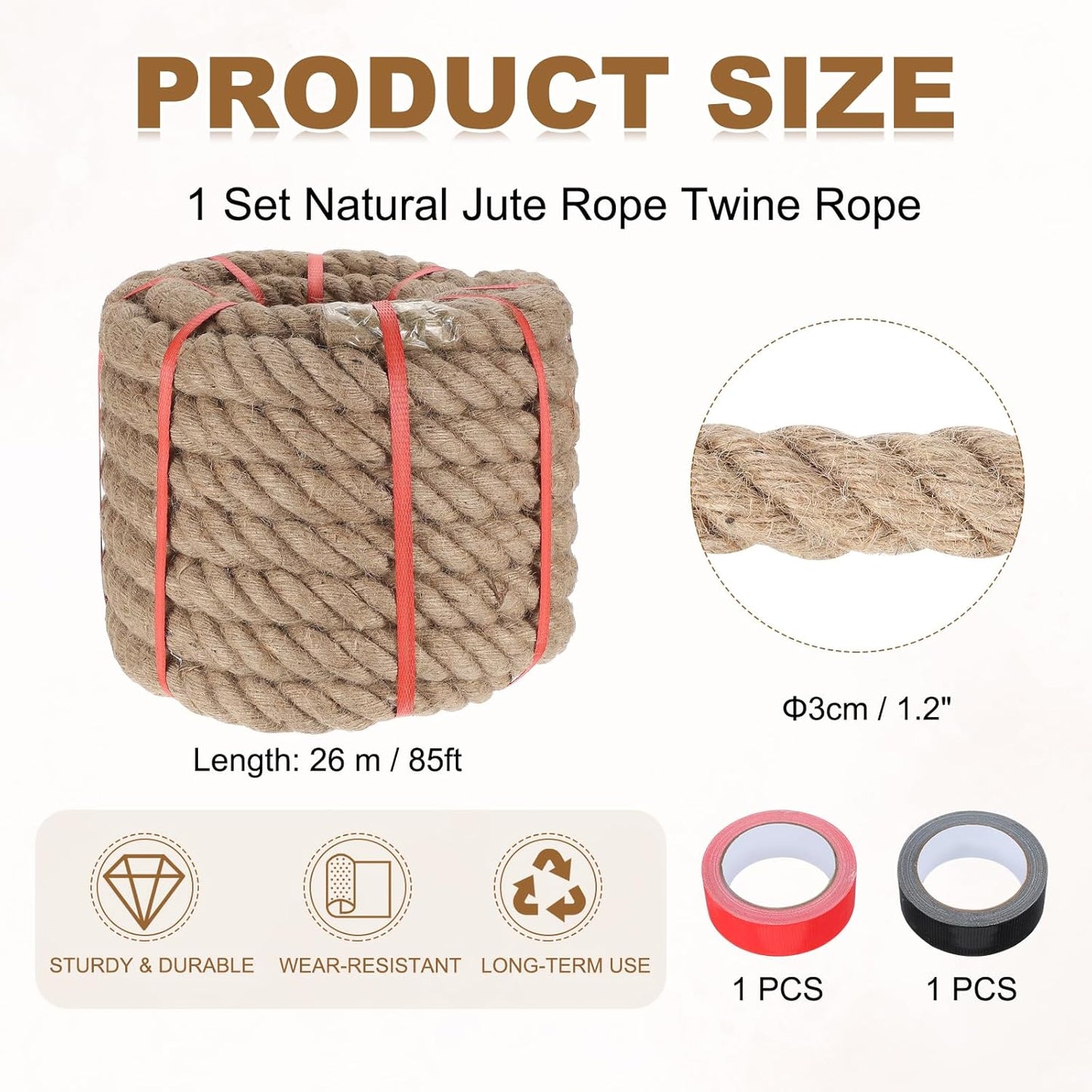 MECCANIXITY Jute Rope 1.2 Inch x 85ft, Thick Twine Rope Ropes Braided Jute Twine Natural Brown Burlap Cord String Heavy Twisted with Tapes for Decorative Crafts Railing Swing Tug of War-VerdiqueGarden