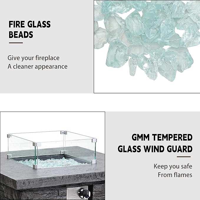 32" Outdoor Propane Fire Pit Table, Stone Fire Table Square Firepit w Glass Wind Guard(50,000 BTU), 2 Piece Slate Gas Fire Table in Deep Grey w Fire Glass, Rain Cover for Outside, Backyard-VerdiqueGarden