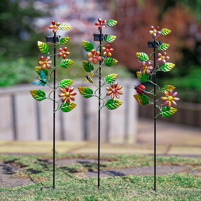 3 Pack Solar Garden Lights, Flower & Insect Metal Solar Stake Light, 23" H Outdoor Statues Figurine Lights for Garden Lawn Patio Yard Decoration-VerdiqueGarden