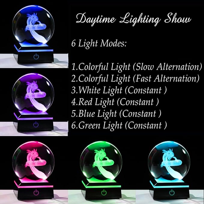 Axolotl Glass Animals Gamer Room Decor - 3D Crystal Ball Night Light Statue, 3.15'' Gamer Gifts for Kids-VerdiqueGarden