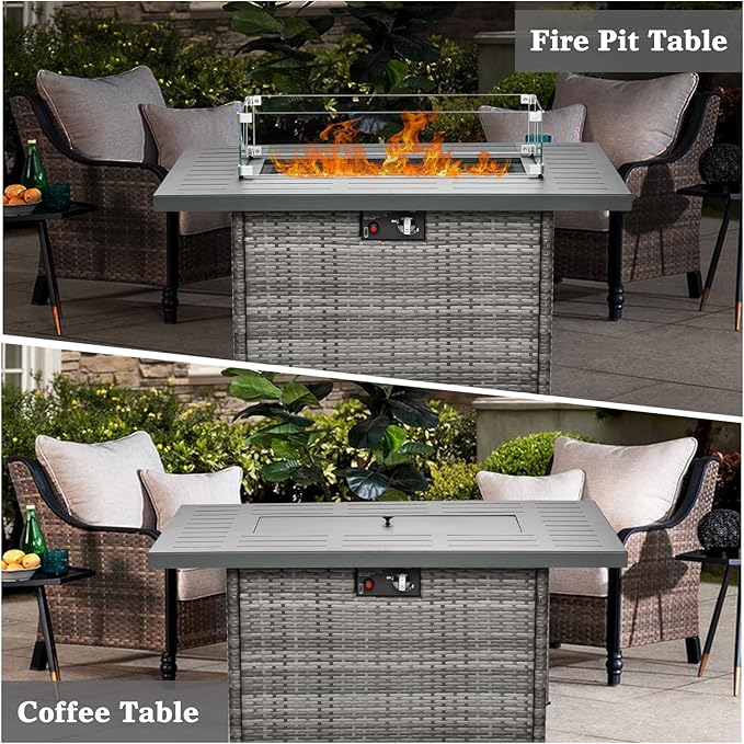 Propane Fire Pit Table,44 Inch 55000 BTU Outdoor Gas Fire Pit Rectangular with Glass Wind Guard for Outside Patio Deck (Gray-Aluminum Top)-VerdiqueGarden