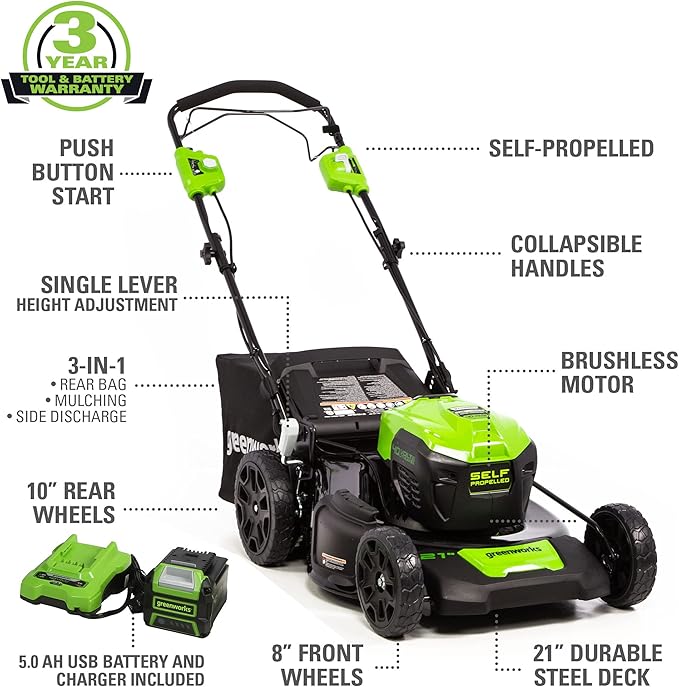 Greenworks 40V 21" Brushless Cordless (Self-Propelled) Lawn Mower (75+ Compatible Tools), 5.0Ah Battery and Charger Included-VerdiqueGarden