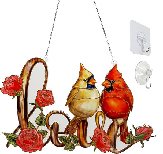 Love with Red Cardinal Suncatcher Red Bird Stained Glass Suncatchers Window Hanging Ornament for Home Decor for Valentine's Day Mother's Day Women Mom Birds Lovers Friends (Love)-VerdiqueGarden