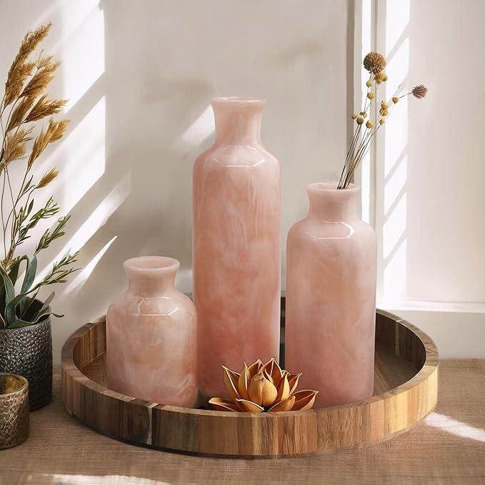 Resin 3 Piece Vase Set, Farmhouse Decor, Home Decorative Vase, Vases for Your Kitchen, Bedroom, Office, Living Room, Bathroom, & Shelf Centerpiece Table Decorations, Pink-VerdiqueGarden