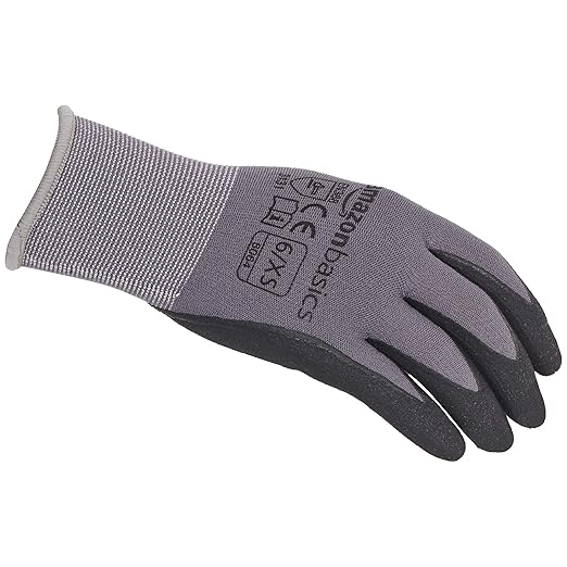 Amazon Basics Micro-Foam Nitrile Coated Work Gloves, Nylon Liner Fiber, Touch Screen, Grey, Size 6/XS, 12-Pair-VerdiqueGarden