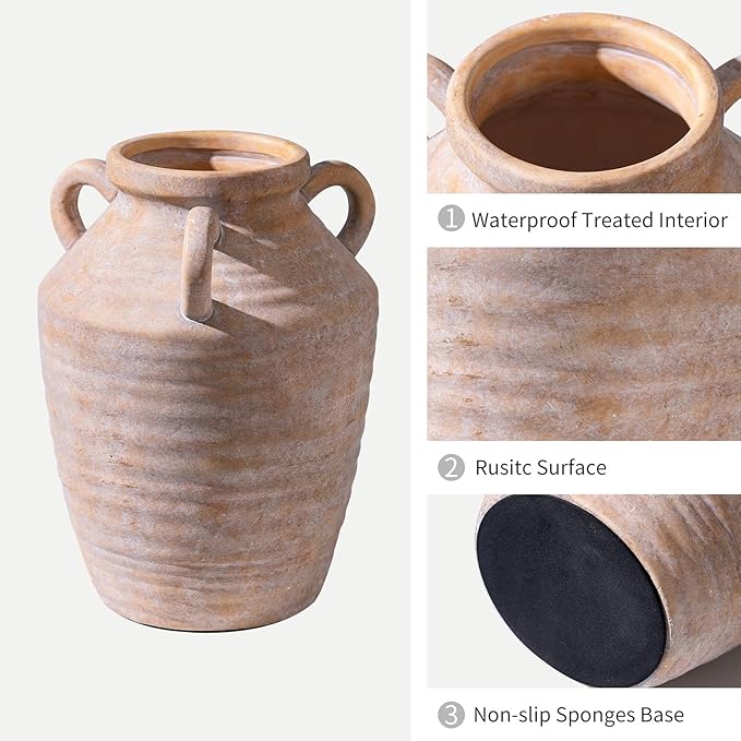 Vintage Terracotta Ceramic Vase with Handles, Rustic Beige Pottery Tulip Vase for Cottage Core Home Mantle Decor, Farmhouse Table Centerpieces, Large Bulk Flower Vases Jarrones Decorativos para Sala-VerdiqueGarden