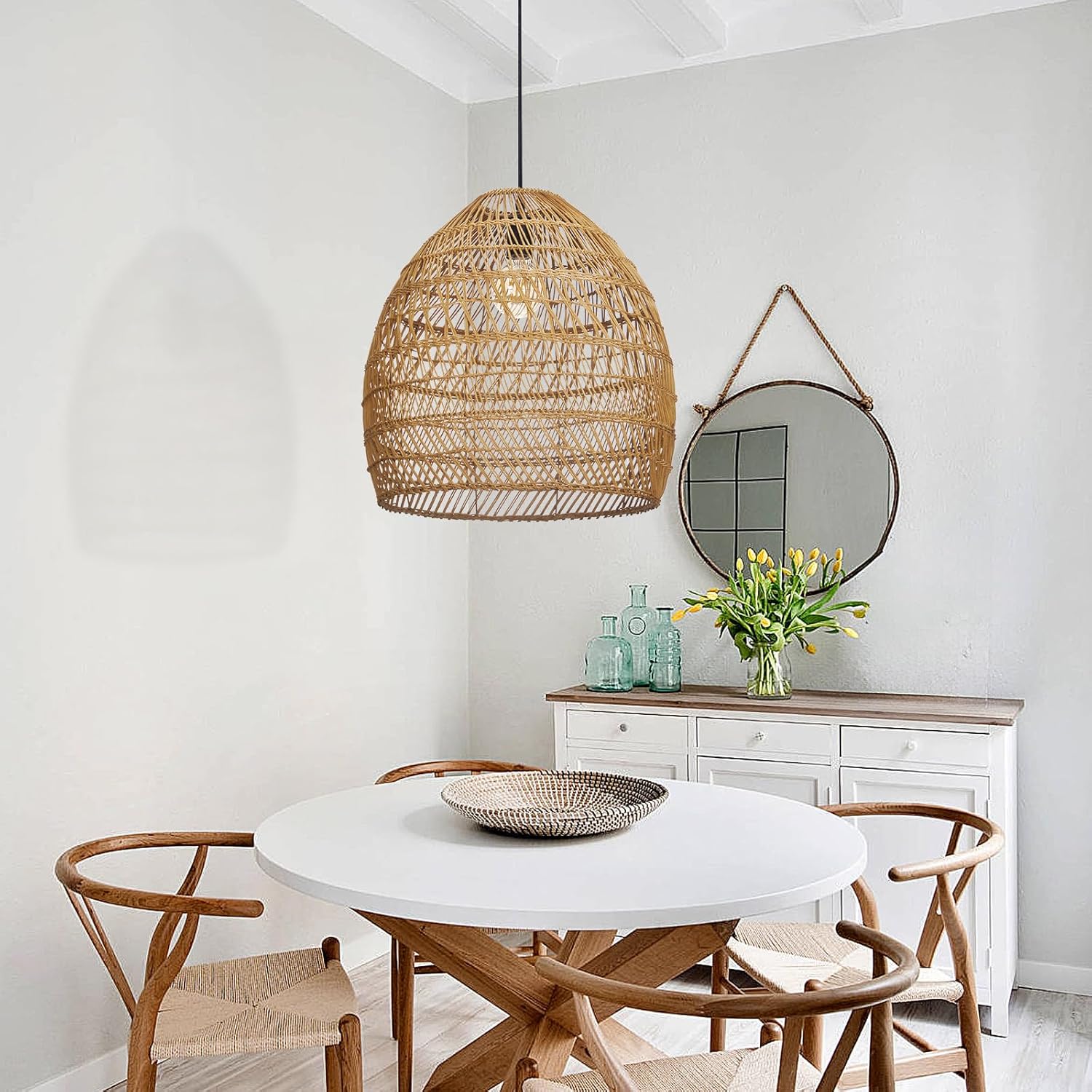 Arturesthome 17.7" Rustic Rattan Pendant Light,Woven Pendant Lighting Fixture,Vintage Farmhouse Chandelier Hanging Ceiling Lamp Shade for Kitchen Island Dining Room-VerdiqueGarden