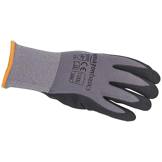 Amazon Basics Micro-Foam Nitrile Coated Work Gloves, Nylon Liner Fiber, Touch Screen, Grey, 11/XXL, 12-Pair-VerdiqueGarden