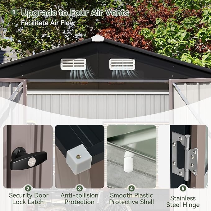 Aoxun 7x5 FT Outdoor Storage Shed with Base Garden Metal Shed with Lockable Door Outdoor Large Shed for Tool, Garbage Can, Bike, Mower, Brown-VerdiqueGarden