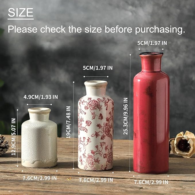 Vintage Vase Set of 3, Ceramic Vintage Flower Vases, Chinoiserie Decorative Home Decor Retro Floral Vase Rustic Farmhouse Decor for Table Bookshelf Mantel Kitchen Living Room Office - Red and White-VerdiqueGarden