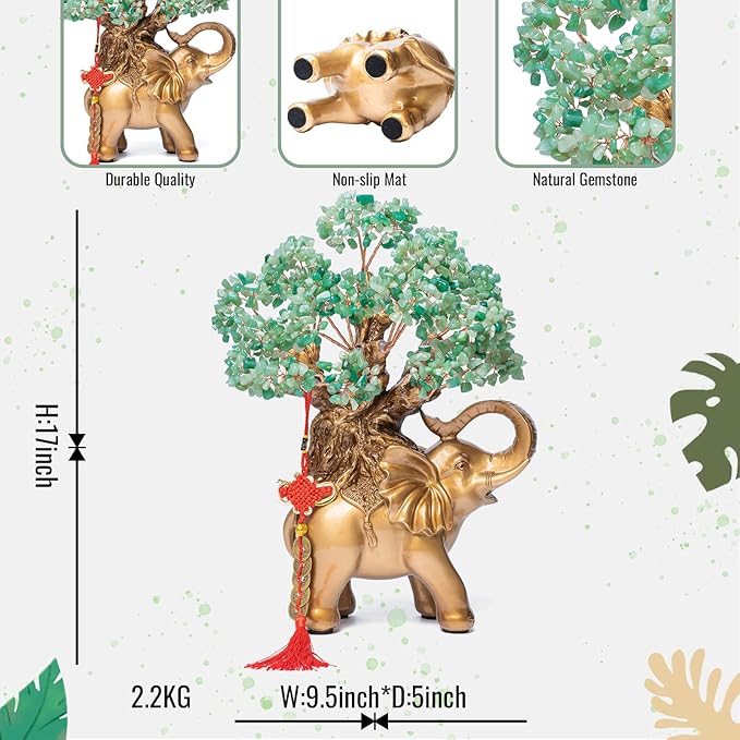 Green Aventurine Crystal Money Tree on Gold Elephant Statue, 17”Large Gemstone Bonsai Tree of Life Home Décor Gifts for Wealth Positive Energy, Feng Shui Décor-VerdiqueGarden