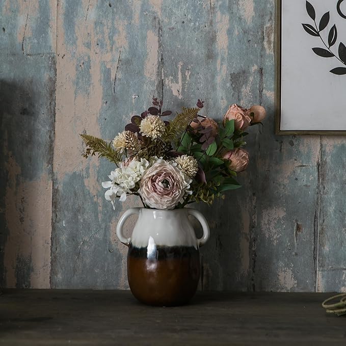Multi Gradient Ceramic Vase with 2 Handles, Modern Farmhouse Decor, Rustic Terracotta Pottery, Decorative Flower Vases, Clay Small Vase, Centerpiece for Dining Table - 7 Inch Tall-VerdiqueGarden