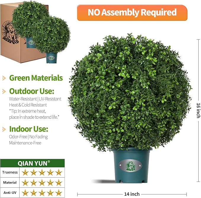 QIANYUN Artificial Plants Outdoor-14Inch Fake Plants Faux Boxwood Plants Outdoor- UV Resistant Shrub for Outdoor/Indoor Decor, Perfect for Porch, Garden, and Backyard-VerdiqueGarden