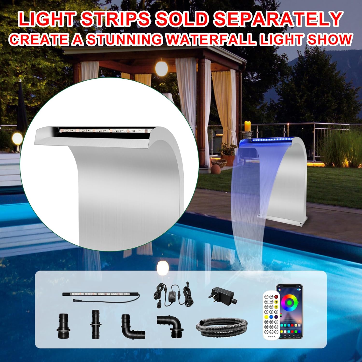 S-Shape Waterfall Spillway Ground Pool Fountain, LONGRUNNEW 304 Stainless Steel Outdoor Water Feature 24.13'' x 9.37'' x 15.39'' for Garden Decor, Landscape Accents & Patio Pond Water Feature-Large-VerdiqueGarden