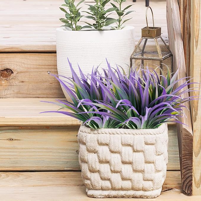 16Pcs Artificial Grass Fake Plants 17.3in Outdoor Plants UV Resistant Faux Greenery Stems Fake Grass for Home Window Garden Office Patio Pathway Front Porch Halloween Décor Green & Purple-VerdiqueGarden