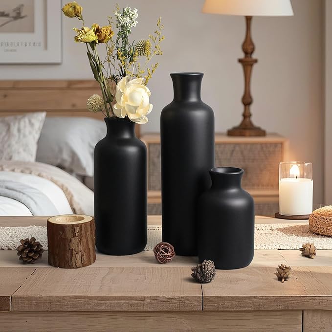 Resin 3 Piece Vase Set, Farmhouse Decor, Home Decorative Vase, Vases for Your Kitchen, Bedroom, Office, Living Room, Bathroom, & Shelf Centerpiece Table Decorations, Black-VerdiqueGarden