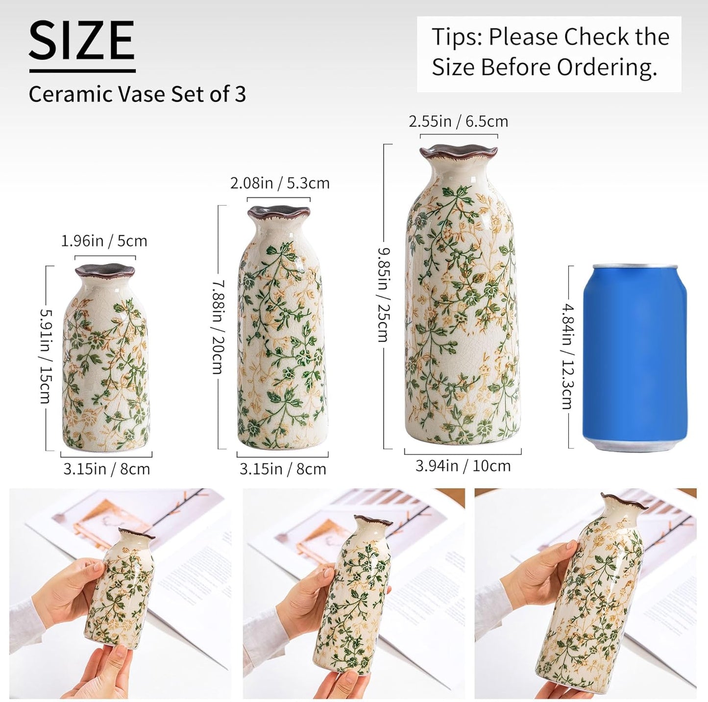 Ceramic Vase Set of 3, Vintage Green and Beige Vases Set, Flower Rustic Chinoiserie Vases Floral Grand Millennial Farmhouse Decor Vase for Home Decor, Living Room, Kitchen, Bedroom, Bookshelf-VerdiqueGarden