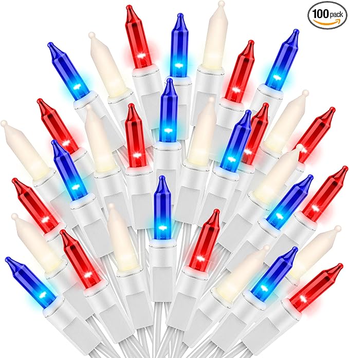 Ultra-Bright Connect End to End Red White and Blue Christmas Mini Light 100L 19.6Ft UL Listed Incandescent Bulb String Light Set for Indoor Outdoor National Day Garden Christmas Tree Decor-VerdiqueGarden