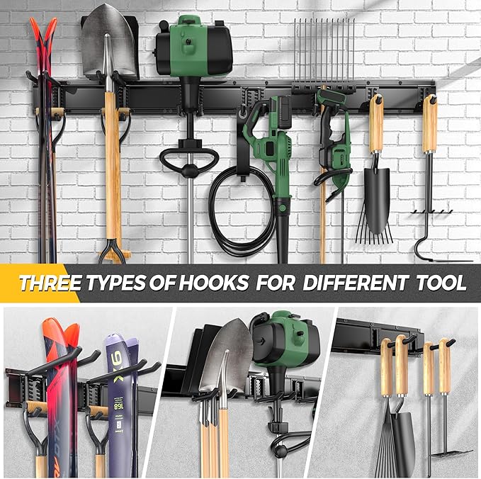LBT 49.5"Garage Tool Organizer Wall Mount 500lbs Garden Tool Organizer for Garage with Adjustable Hooks,Heavy Duty Yard Tool Storage Rack, Anti-Rust Shed Rack Holder Hanging Rake Broom Mower Snowboard-VerdiqueGarden