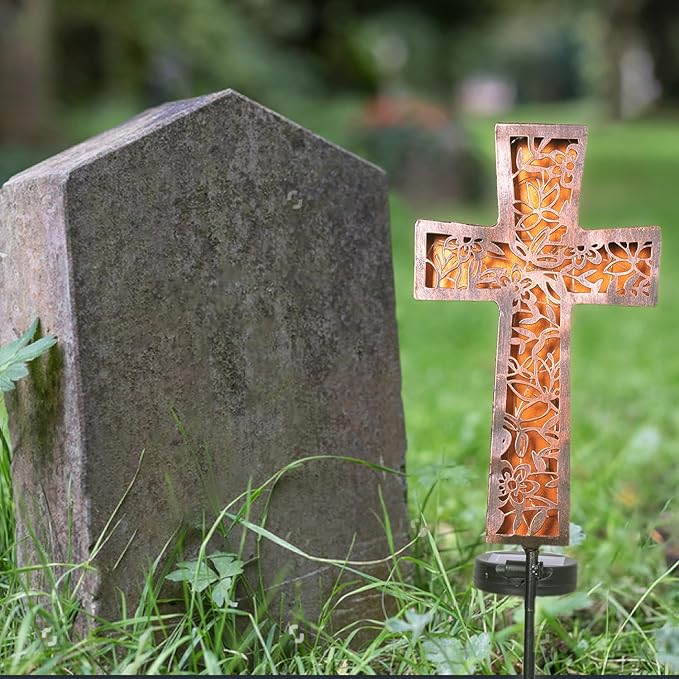HUYIENO Solar Cross Garden Stake Lights 38inch Metal Outdoor Waterproof Memorial Garden Decor 2 Lighting Modes Cemetery Decorations for Grave for Remembrance Gifts & Sympathy Gifts-VerdiqueGarden