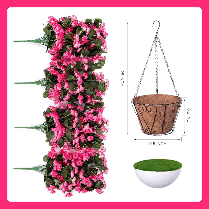 Hanging Baskets Artificial Flowers for Outdoor Interior Decor, Artificial Daisies Flowers Shrubs Plants with Baskets for Home Porch Garden Patio Patio Spring Summer Decor(Pink)-VerdiqueGarden