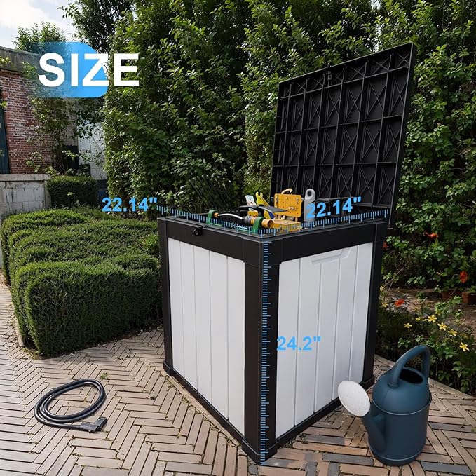 50 Gallon Outdoor Deck Box,Storage Lockable Waterproof Patio Furniture,Garden Tools,Cushions,Pool Accessories Outside Storage Resin Box(SM Black&White)-VerdiqueGarden