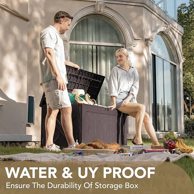 Devoko 120 Gallon Deck Box Resin Outdoor Storage Box Waterproof for Patio, Large Outdoor Storage Bench Lockable for Outside (Deep Brown)-VerdiqueGarden