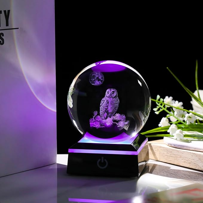 Qianwei Owl Gifts for Women 3D Crystal Ball 3.14'' - Laser Owl Decor Glass Animals Bird Figurines Statue Stuff for Room Decorations Bird Night Light-VerdiqueGarden