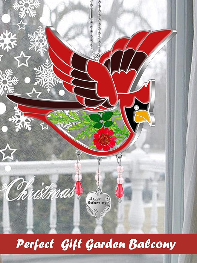 KY&BOSAM Happy Mother`s Day Cardinal Suncatcher Hand-Painted Garden Ornament Hanging Wind Chime with Pressed Flower Cardinal Embedded in Glass Gift for Mom Grandma Mother`s Day Gifts-VerdiqueGarden