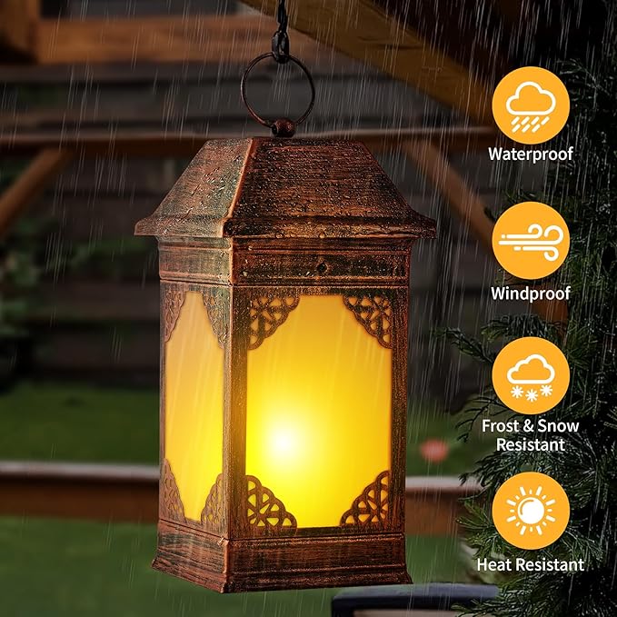14" Solar Lanterns Outdoor Waterproof, Glass Flickering Flame Solar Lantern, Hanging Metal Lantern Decorative for Patio Front Porch Garden Backyard Tabletop Party Decoration-VerdiqueGarden
