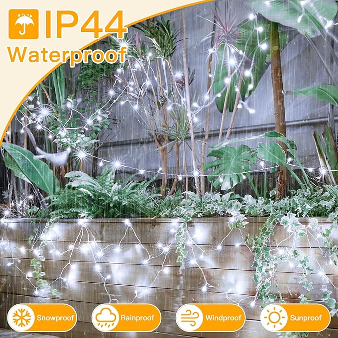 Ollny Outdoor String Lights 200LED 60FT, Cool White Connectable Plug in Fairy Light, 8 Modes Waterproof Timer Christmas Lights for Indoor Outside Bedroom House Party Wedding-VerdiqueGarden