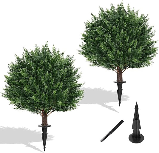 Artificial Set of 2 Cedar Topiary Ball Trees 16" for Outdoors with Ground Spike, UV Resistant Faux Cypress Plants, Evergreen Shrubs Bushes for Front Porch Garden Backyard Decor-VerdiqueGarden