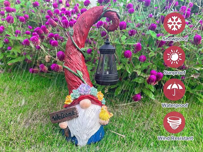 Gnome Garden Decor Statue Solar Lights Outdoor Decor with Succulent and 6 LED Lights,for Balcony,Garden,Patio,Yard,Lawn,Housewarming Birthday Gifts for Women/Mom/Grandma-VerdiqueGarden