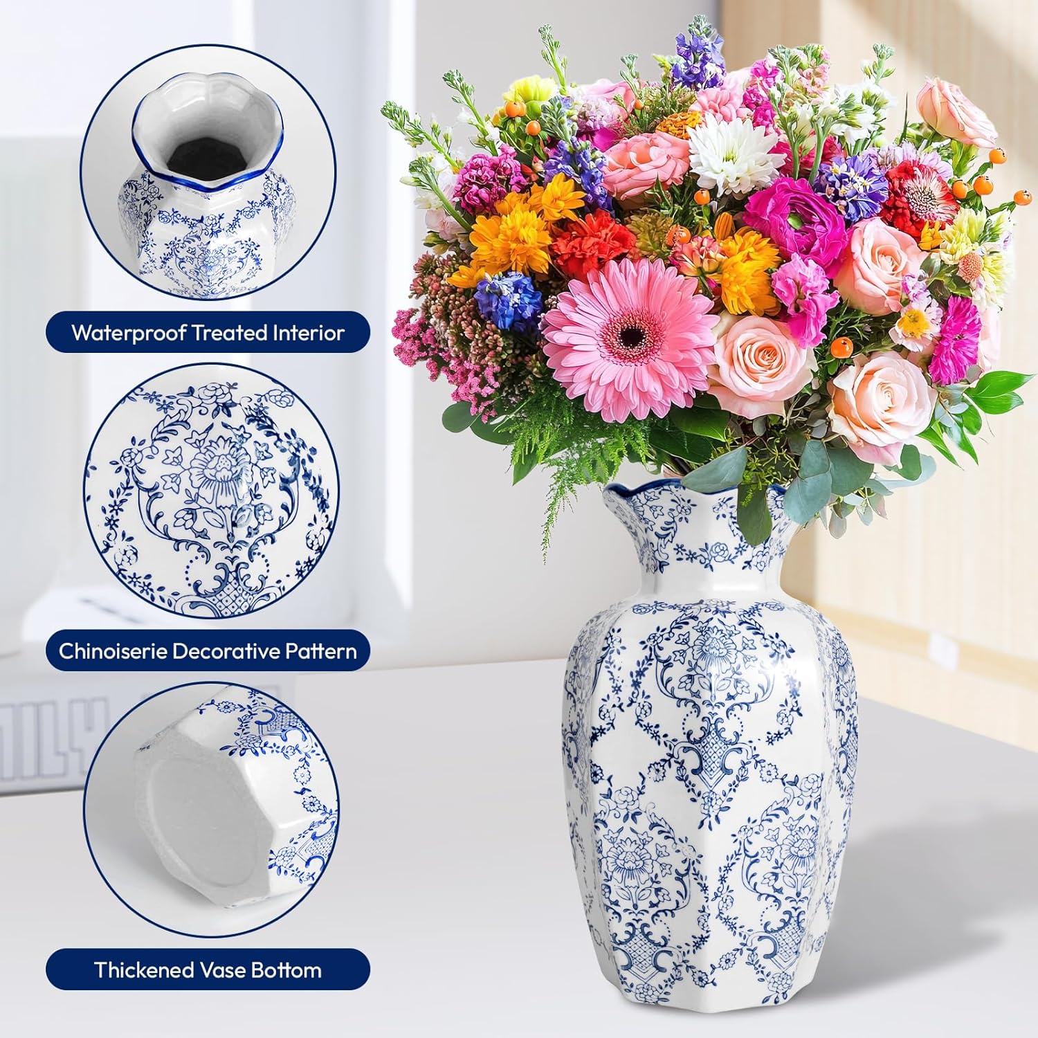 Chinoiserie Vase,Blue and White Vase,Vintage Ceramic Vases,Flower Vase for Centerpiece,Chinese Cute Vases for Living Room, Office,Home Decor (Blue White, Large)-VerdiqueGarden