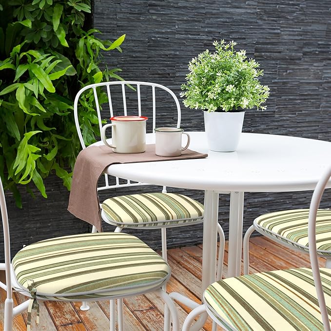 Indoor/Outdoor Chair Cushions 16x17 Inch, Patio Chair Cushions with Ties, All Weather Seat Cushions for Patio Furniture Home Garden Chair Use, Set of 4,Stripe Onyx-VerdiqueGarden