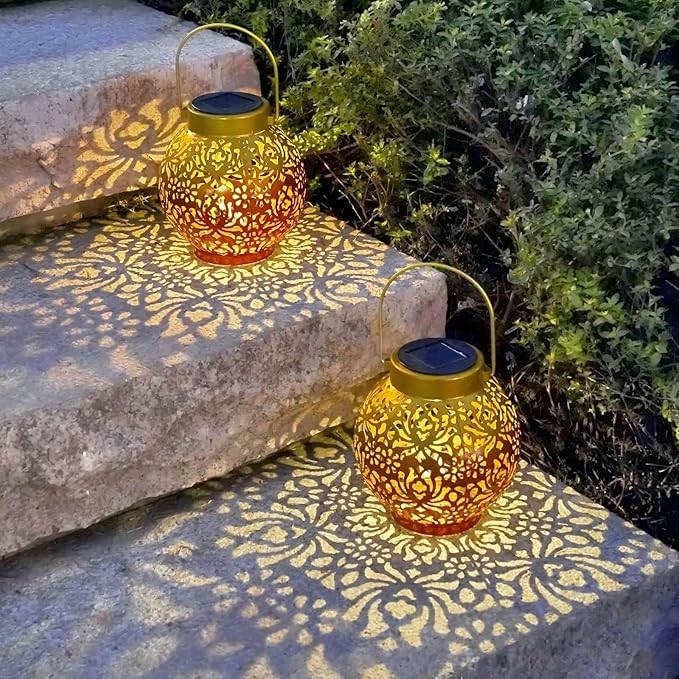 2 Pack Outdoor Solar Hanging Lantern Lights Metal LED Decorative Lamp for Garden Patio Courtyard Lawn and Table with Hollowed-Out Design (Sunset Blaze)-VerdiqueGarden