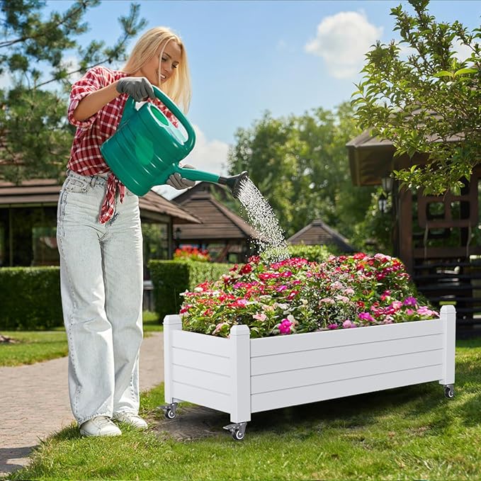 Horticulture Garden Bed, Divisible Resin Planter Box for Backyard, Patio, Balcony, with 4 Legs and 4 Swivel Lockable Wheels(Ashen,43.31 * 17.72 * 17.56)-VerdiqueGarden