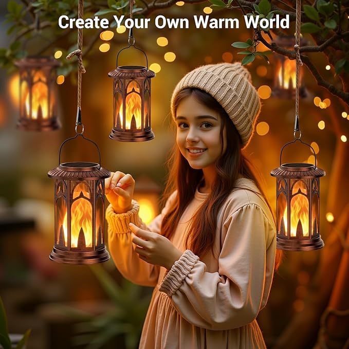 KOOPER Taller Solar Lanterns Outdoor Waterproof Hanging Solar Lantern Lights, 2Pack Upgraded Flickering Flame Lanterns Decorative Outdoor, Battery & Solar Powered lantern for Garden Yard Decor, Bronze-VerdiqueGarden