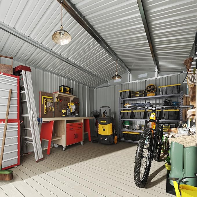 Aoxun 10x10 FT Outdoor Storage Shed Garden Metal Shed with Lockable Door Outdoor Large Shed for Tool, Garbage Can, Bike, Mower, Brown-VerdiqueGarden