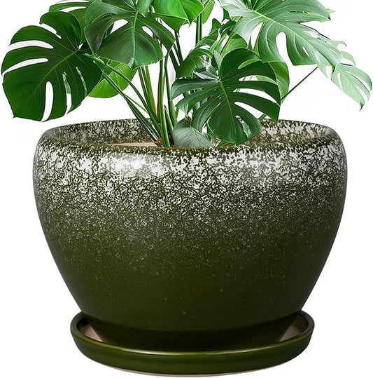10 Inch Planter Pot - Ceramic Pots for Plants with Drainage Hole and Saucer, Round Large Flower Pot for Indoor Plants, Dark Green-VerdiqueGarden